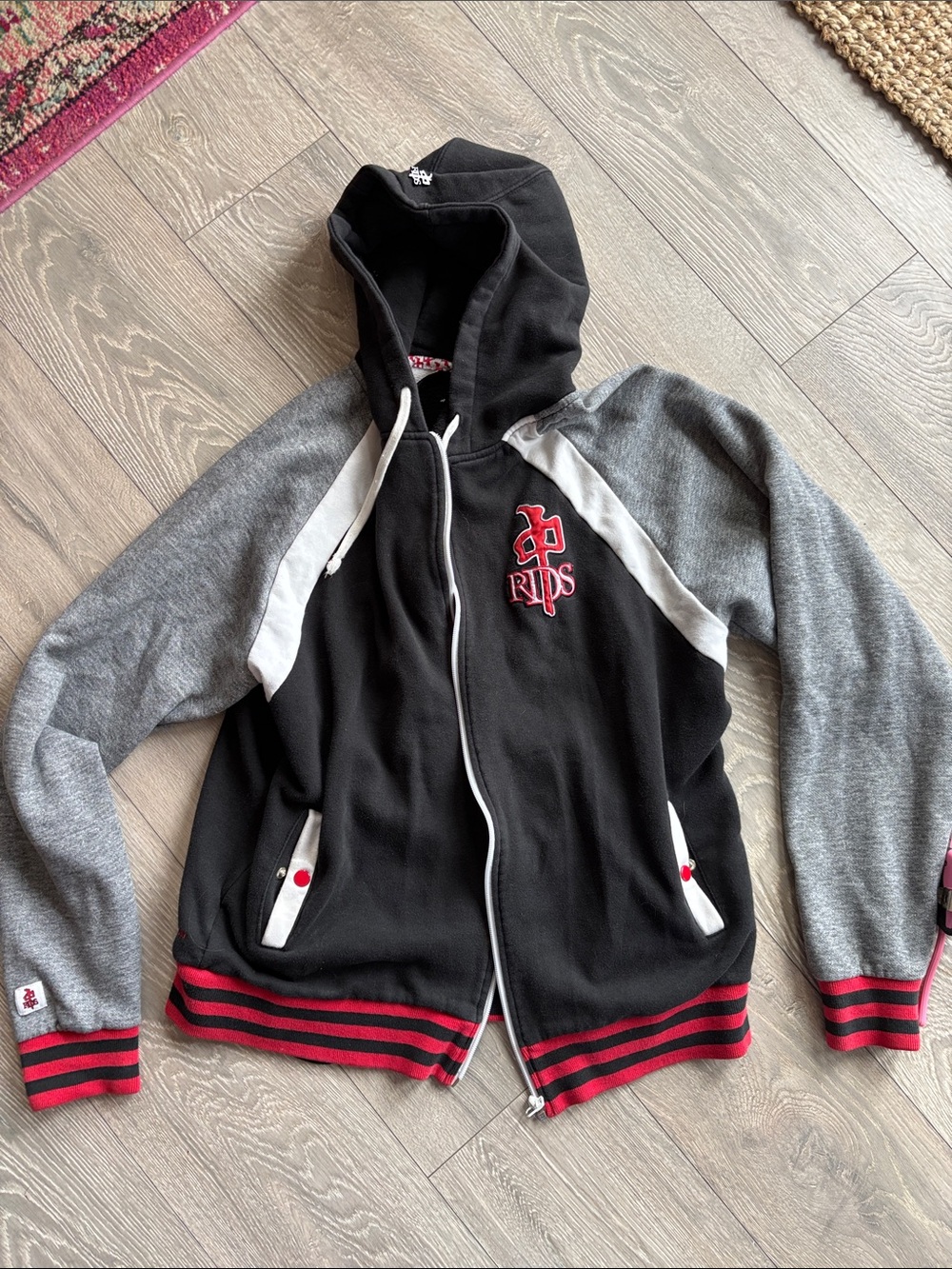 Vintage RDS Black & Gray Hooded Zip Jacket with Red Trim